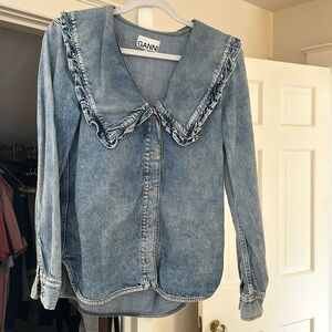GANNI Ruffle Collar Denim Shirt